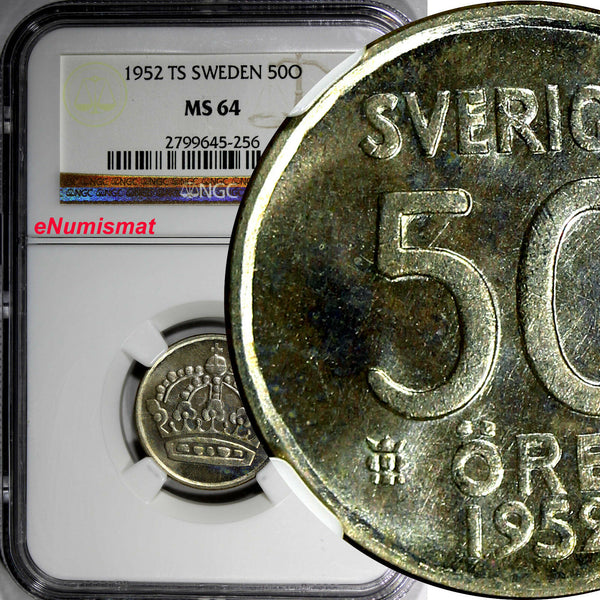 Sweden Gustaf VI Silver 1952 TS 50 Ore NGC MS64 Better Date KM# 825