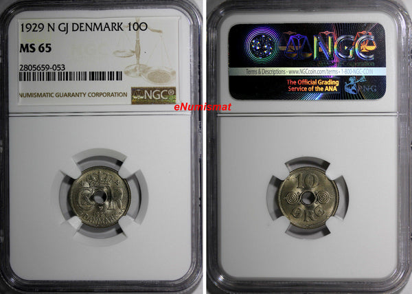 Denmark Christian X 1929 N GJ 10 Ore NGC MS65 TOP GRADED BY NGC KM# 822.2
