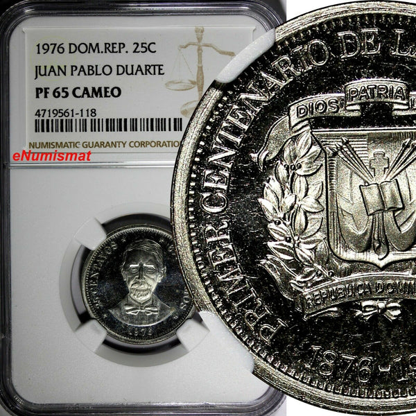 DOMINICAN REPUBLIC PROOF 1976 25 Centavos NGC PF65 CAMEO Mintage-5,000 KM# 43