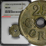 DENMARK Christian X Copper-Nickel 1934 N GJ  25 Ore NGC MS64 TOP GRADE KM# 823.2
