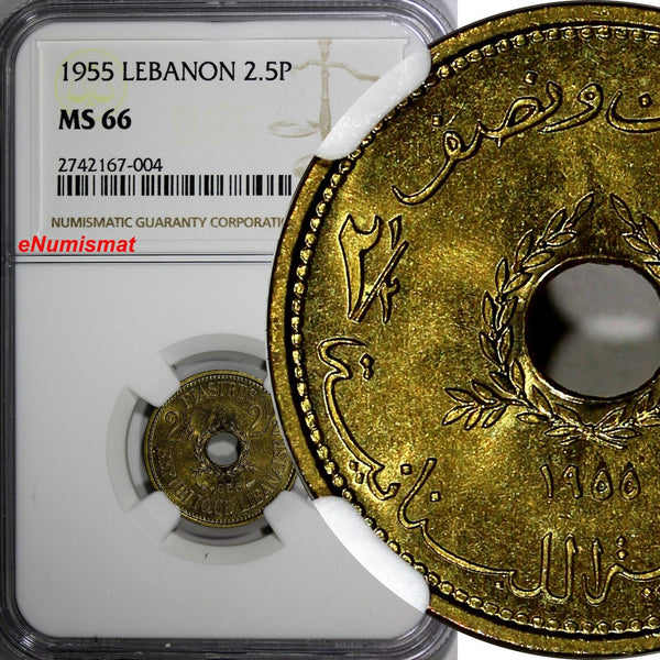 Lebanon Aluminum-Bronze 1955 2 1/2 Piastres NGC MS66 Monnaie de Paris  KM# 20