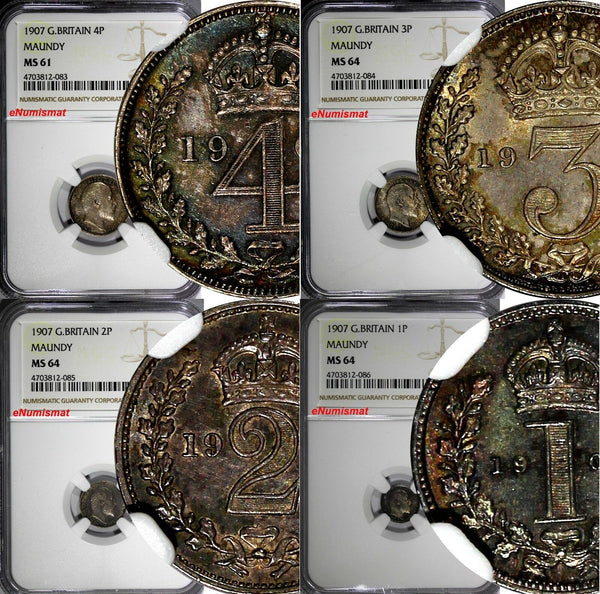 GREAT BRITAIN Edward VII Silver 1907 Maundy Set (4 Coin) NGC MS64,MS61 Toned