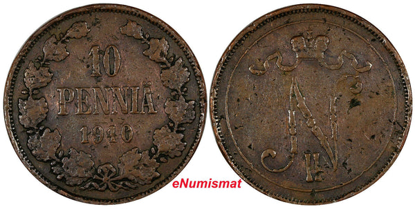 FINLAND Nicholas II Copper 1910 10 Penniä Low Mintage-241,000 RARE KM# 14