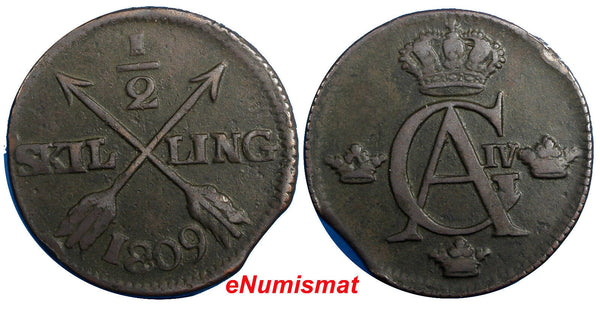 Sweden Gustaf IV Adolf Copper 1809 1/2 Skilling 30.5mm KM# 565