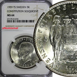 SWEDEN Silver 1959 TS 5 Kronor NGC MS64 Constitution Sesquicentennial KM# 830