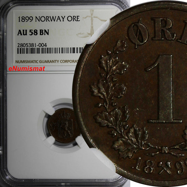 Norway Oscar II Bronze 1899 1 Ore NGC AU58 BN  Norwegian Lion  KM# 352