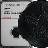 Sweden Gustaf V Iron 1949 1 Ore NGC MS63 KM# 810