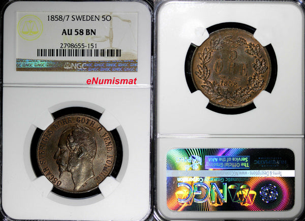 SWEDEN Oscar I Bronze 1858/7  5 Ore  Overdate NGC AU58 BN  KM# 690