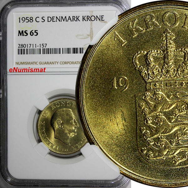 DENMARK Frederik IX 1958 C S 1 Krone NGC MS65 GEM BU COIN   KM# 837.2 N/R