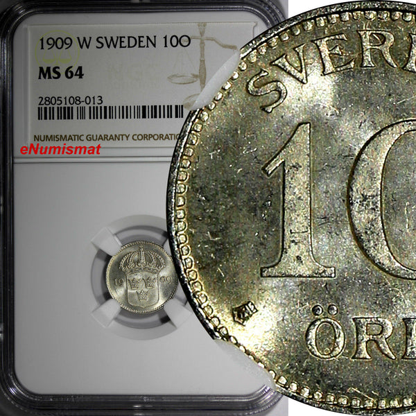 Sweden Gustaf V (1908-1950) Silver 1909-W 10 Ore NGC MS64  KM# 780