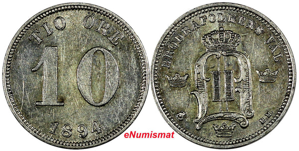 SWEDEN Oscar II Silver 1894 EB 10 Öre aUNC Condition KM# 755
