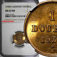 Guernsey Bronze 1938-H Double NGC MS65 RB Mintage-96,000 KM# 11