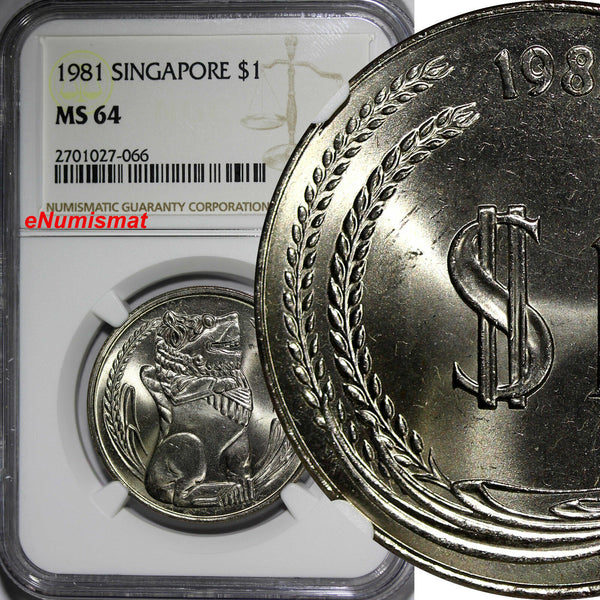 Singapore Copper-Nickel 1981 Dollar NGC MS64 GEM BU Statue of Singapore KM# 6