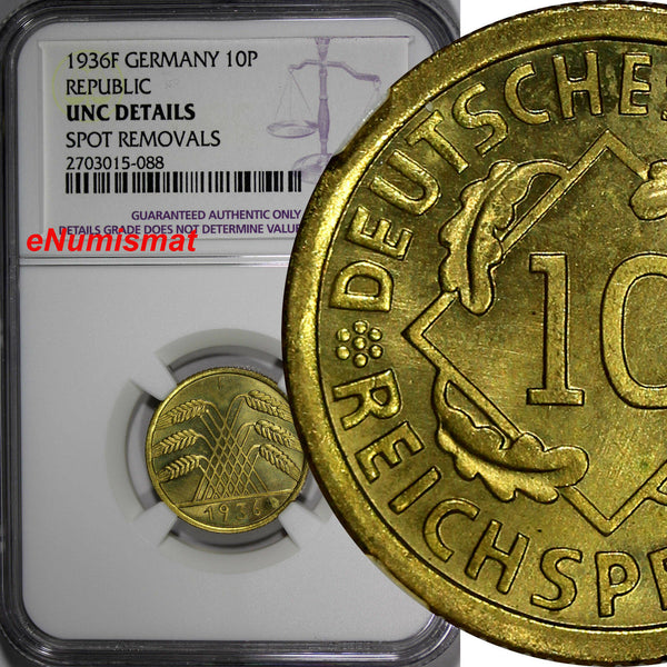 Germany, Third Reich 1936-F 10 Reichspfennig NGC UNC DETAILS KM# 40 (088)