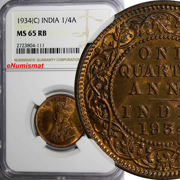 India-British George V Bronze 1934 (C) 1/4 Anna NGC MS65 RB NICE RED KM# 512/111