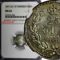 SWEDEN Carl XV Silver 1871/61 25 ORE OVERDATE NGC MS62 1 GRADED HIGHER KM712/008