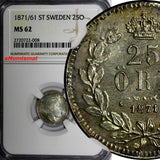 SWEDEN Carl XV Silver 1871/61 25 ORE OVERDATE NGC MS62 1 GRADED HIGHER KM712/008