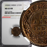 India-British George V Bronze 1920 (C) 1/12 Anna NGC MS63 RB KM# 509 (056)