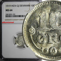 Denmark Silver 1919 HCN GJ 10 Ore NGC MS64 GEM BU 1 YEAR TYPE KM# 818.2 (192)