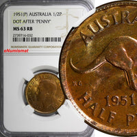 Australia George VI Bronze 1951(P) 1/2 Penny NGC MS63 RB With Dot KM# 42