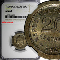 Portugal Copper-Nickel 1920 20 Centavos NGC MS63 1st Year Type Toning KM# 571