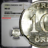 SWEDEN Gustaf V Silver 1938 G 10 Ore NGC MS63 GEM BU  KM# 780