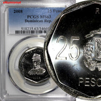 DOMINICAN REPUBLIC 2008 25 Pesos PCGS MS63 Hero of the Restoration KM# 107