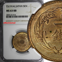 JAPAN Taisho (1912-1926) Bronze Year 3 (1914) 1 Sen NGC MS63 RB NICE BU Y# 35