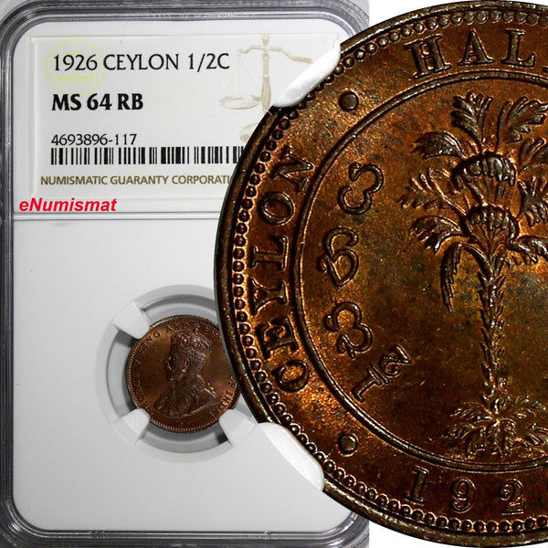 Ceylon George V Copper 1926 1/2 Cent NGC MS64 RB  KM# 106 (117)