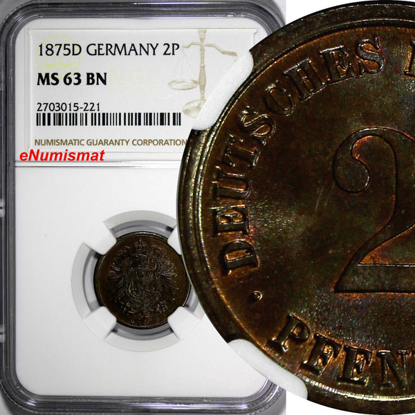 Germany - Empire Wilhelm I Copper 1875-D 2 Pfennig NGC MS63 BN KM# 2