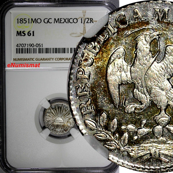 Mexico FIRST REPUBLIC SILVER 1851 MO GC 1/2 Real NGC MS61  KM# 370.9