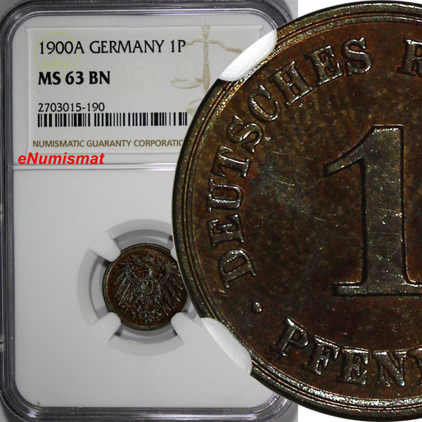 Germany - Empire Wilhelm II Copper 1900-A 1 Pfennig NGC MS63 BN KM# 10