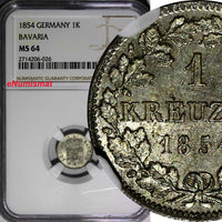 German States BAVARIA Ludwig I Silver 1854 1 Kreuzer NGC MS64 Toning KM#799(026)