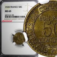 France Aluminum-Bronze 1928 50 Centimes NGC MS63  KM# 884