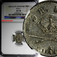 Denmark Christian VIII Silver 1842 K/FF 3 Rigsbankskilling R.B.C.NGC AU58 KMA730