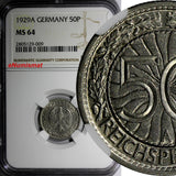 Germany,Weimar Republic 1929 A 50 Reichspfennig NGC MS64 NICE COIN KM# 49 (009)