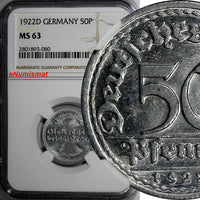 Germany, Weimar Republic Aluminum 1922 D 50 Pfennig NGC MS63 KM# 27 (080)
