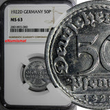 Germany, Weimar Republic Aluminum 1922 D 50 Pfennig NGC MS63 KM# 27 (080)