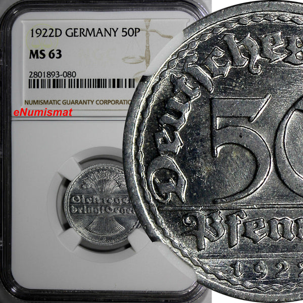 Germany, Weimar Republic Aluminum 1922 D 50 Pfennig NGC MS63 KM# 27 (080)