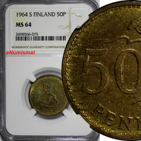 Finland Aluminum-Bronze 1964-S 50 Pennia NGC MS64  KM# 48