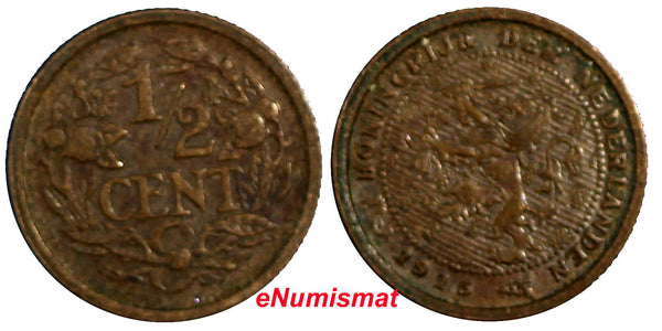 Netherlands Wilhelmina I Bronze 1915 1/2 Cent  KM# 138