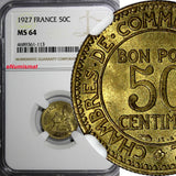 France Aluminum-Bronze 1927  50 Centimes NGC MS64 Mercury seated KM# 884