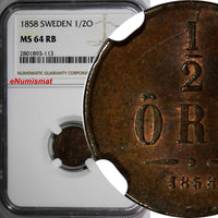 SWEDEN Oscar I Bronze 1858 1/2 Ore NGC MS64 RB RED BROWN KM# 686
