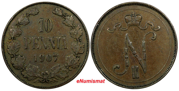 Finland Nicholas II Copper 1907 10 Pennia Mintage-503,000  KM# 14
