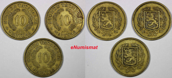 FINLAND  LOT OF 3 COINS Aluminum-Bronze 1930-S 10 Markkaa VF Condition KM# A32
