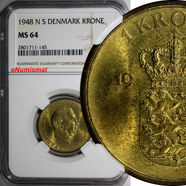 Denmark Frederik IX Aluminum-Bronze 1948 N S 1 Krone NGC MS64 KM# 837.1