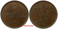 Finland Russian Nicholas II Copper 1908 5 Pennia Choice XF Condition  KM# 15