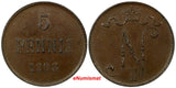 Finland Russian Nicholas II Copper 1908 5 Pennia Choice XF Condition  KM# 15