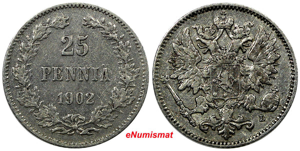 Finland Nicholas II Silver 1902 L  25 Pennia Mintage-210,000 Better Date KM# 6.2