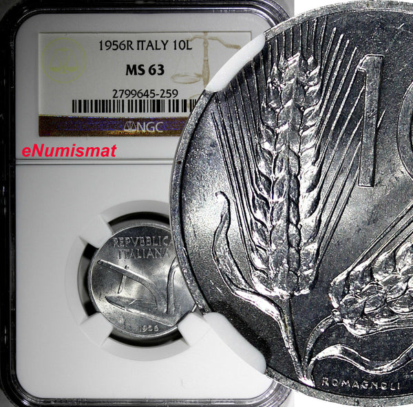Italy Aluminum 1956 R 10 Lire NGC MS63 BETTER DATE KM# 93